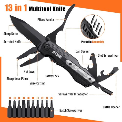 13 en 1 Couteau de Survie Pliant Multifonction, Couteau de Poche, Idéal pour Camping, Randonnée, Outdoor, Bricolage