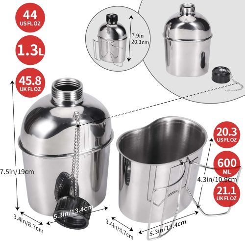 Gourde Militaire Americaine Inox 1,2l avec 0,6l Quart Tasse Pochette Nylon Armée Américaine Camping Quart Accessoires