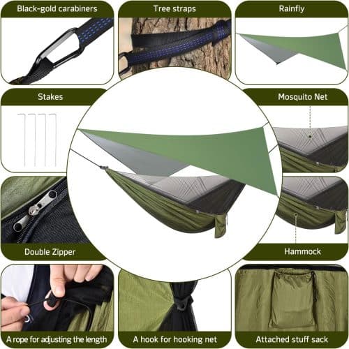 Hamac 290 x 140 cm avec Moustiquaire et Bâche Respirant Léger de 310 * 310cm, 200 kg Capacité de Charge Hamac d'extérieur Nylon Hamac Pliable pour Jardin Exterieur Voyage Randonnée Bivouac,Vert