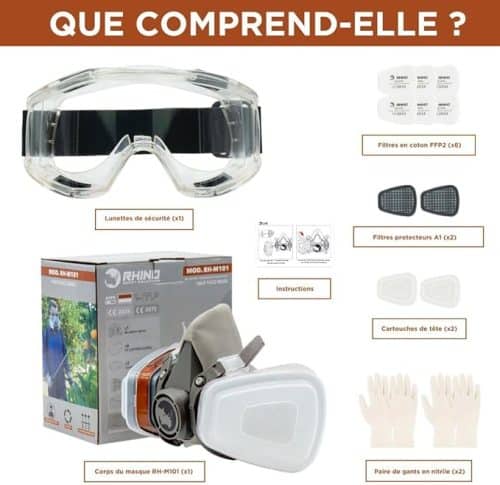 Masque Peinture A1 Protection Respiratoire Réutilisable Anti Poussiere, Gaz, Chimique, Resine Epoxy, Travaux du Bricolage Avec Filtres en Coton, Lunettes de Sécurité, Gants