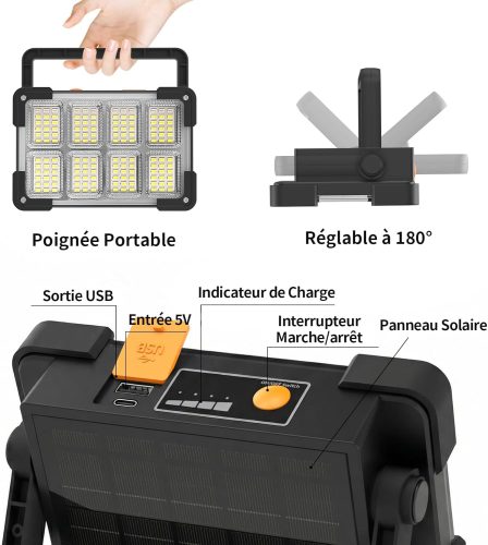 2 Projecteurs LED Rechargeable, Projecteur de Chantier Portable avec Solaire & Batterie 6000mAh, 4 Modes Lampe Chantier Pour Camping, Garage, Urgence, Atelier