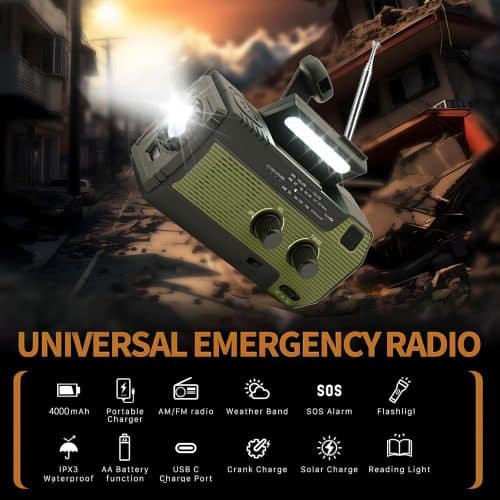 Radio Solaire d'urgence, à manivelle, Auto-alimentée, avec Lampe de Poche LED, Alarme SOS, Radio AM/FM météo Wind Up avec Batterie de 4000 mAh pour Charge d'urgence