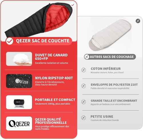 Sac de Couchage Adulte en Duvet, 650 FP Pouvoir gonflant, Ultra-léger et Portable, 8℃ à -30℃, 4 Saisons, idéal pour Camping et randonnée