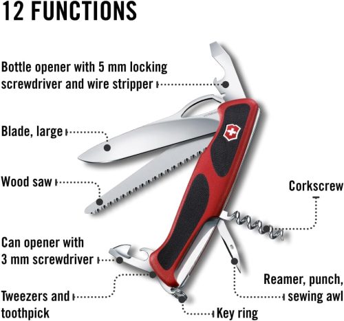 Victorinox Ranger Grip 79 Couteau multifonction de Poche Suisse, Multitool, 12 Fonctions, Lame Fixe, Ouverture Une Main, Rouge/Noir