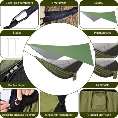 Hamac 290 x 140 cm avec Moustiquaire et Bâche Respirant Léger de 310 * 310cm, 200 kg Capacité de Charge Hamac d'extérieur Nylon Hamac Pliable pour Jardin Exterieur Voyage Randonnée Bivouac,Vert